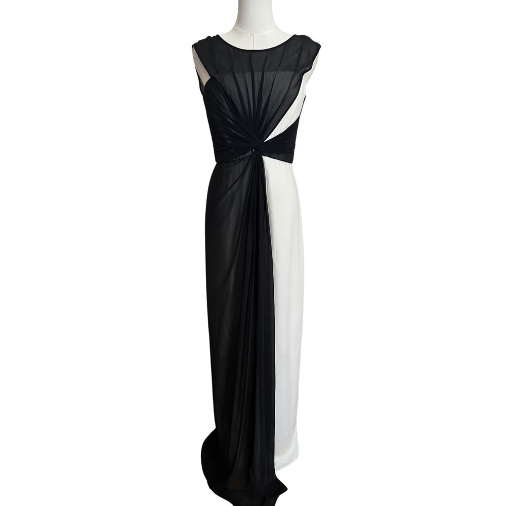 BCBGMAXAZRIA Ninah Black White Colorblock Gown Ruched Chiffon Maxi Dress 6